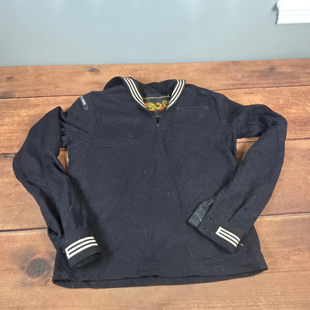 Vintage US Navy Wool Sailor Jumper Mens Small Black Fair Liberty Dragon Patch